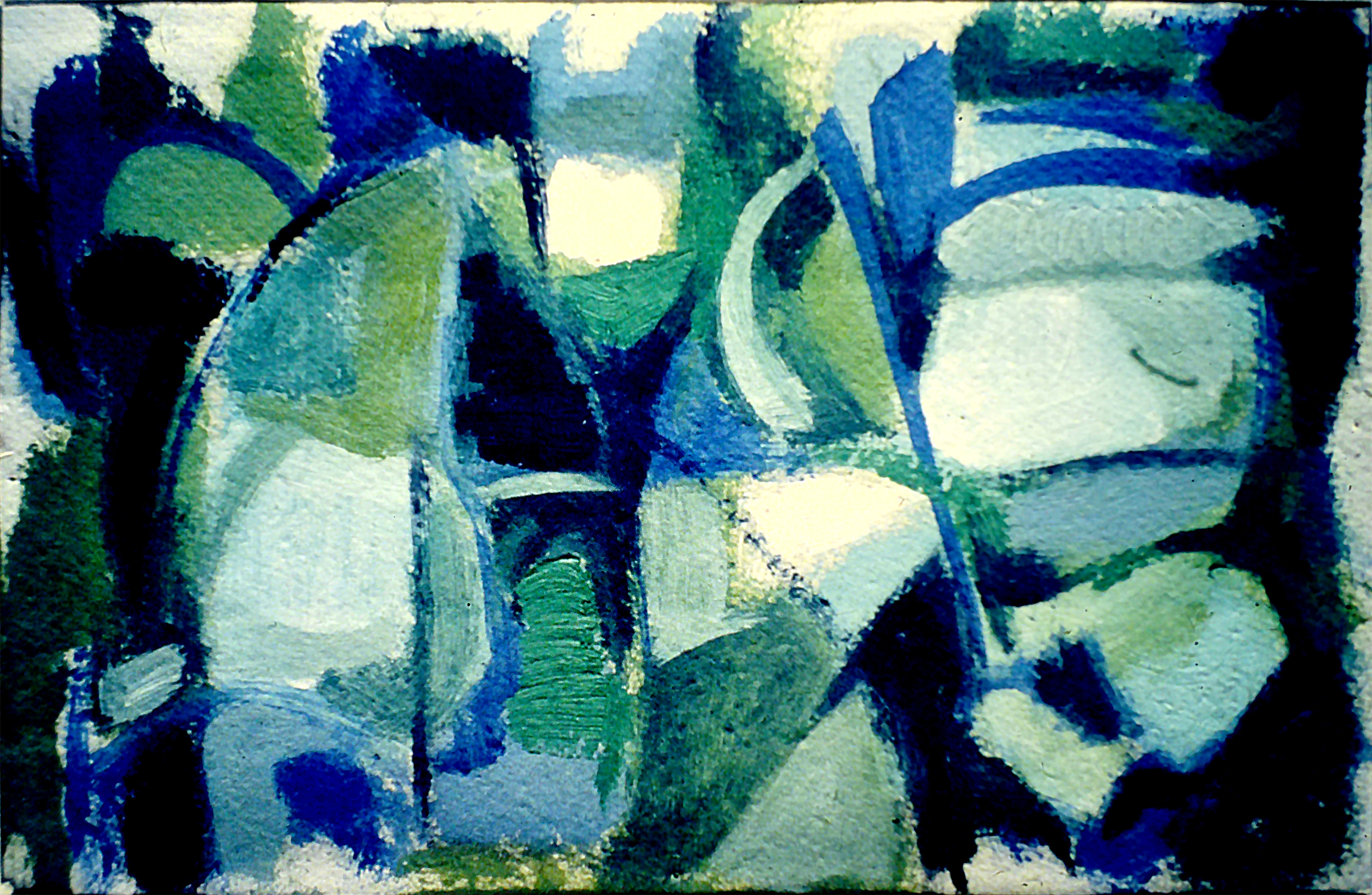 An abstract composition featuring prominent shades of blue, where thick blocks are stacked on top of each other, gently interacting.